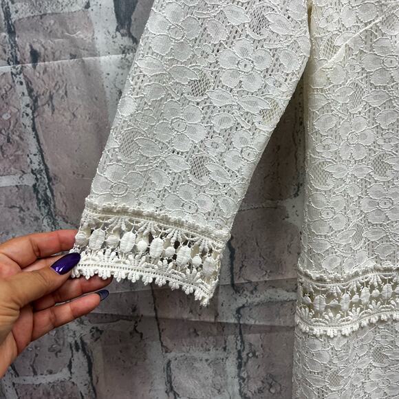 Laundry By Shelli Segal Jewel-Neck Lace 3/4 Sleeve Mini Dress White Size 4P $265 - Picture 5 of 12